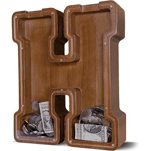 JOOMLAFLY Wooden Letter Piggy Bank for Kids Larger Letter Piggy Bank for Boys and Girls Personalized Piggy Bank Initial Coin Bank Wood Kids Money Bank for Birthday and Festival