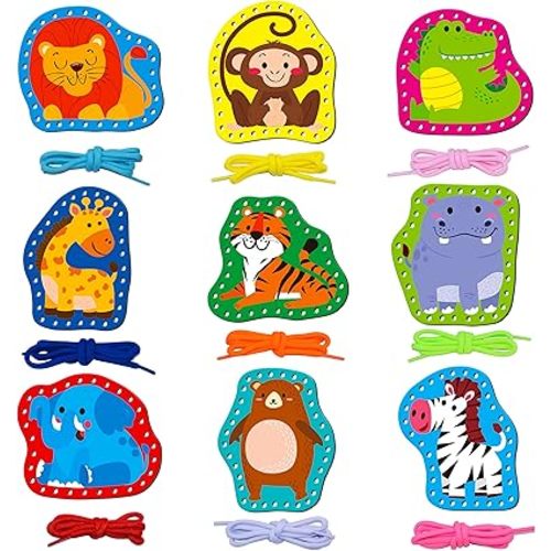 SpriteGru 9 Pieces Kids Lacing Cards, Double Sided Sewing Cards in 9 Wild Animals with 9 Colorful Laces, Imagination Development Lacing Toys Games for Children Educational and Learning Activity