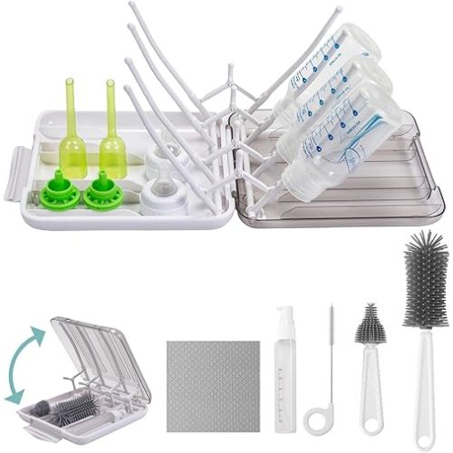 Baby Bottle Brush, 7 in 1 Travel Bottle Cleaner Kit with Soap Dispenser, Bottle Drying Rack, Dishcloths, Portable Essentials for Home and Travel-White