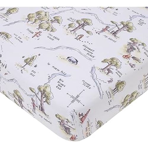 Disney Classic Winnie The Pooh Sage, Tan, and White, Map of 100 Acre Woods Super Soft Nursery Fitted Crib Sheet