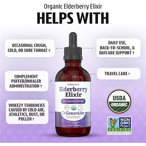 Dr. Green Mom Organic Black Elderberry Elixir – High Potency 6,400 mg – No Honey – Immune Support Liquid Drops Elderberry Syrup for Babies – 4 fl oz