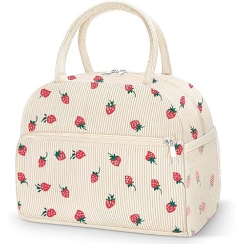 Coobiiya Corduroy Lunch Bag Lunch Box for Women Men, Cute Strawberry Lunch Tote Bags Insulated Reusable LunchBox Large Capacity Cooler Bag for Work Travel Picnic