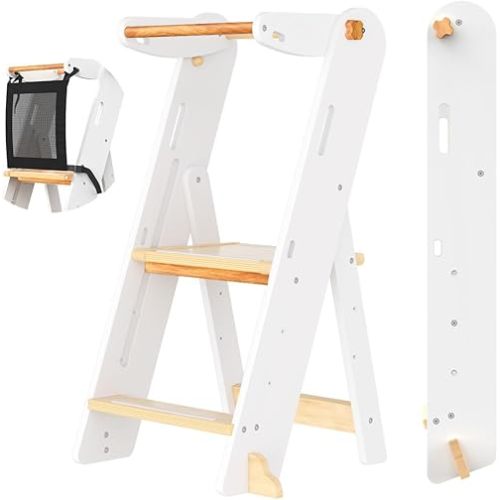 GROWNSY Foldable Toddler Tower, Toddler Kitchen Standing Helper, Kids Learning Tower with 3 Adjustable Heights and Safety Net for Kitchen Bathroom Sink Counter (White)