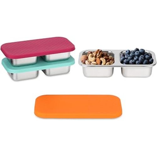 3 Pack Stainless Steel Snack Containers, 2 Compartment Snack Containers with Lids, Reusable Food Storage Containers for Travel, Outdoor, Camping(Orange/Red/Blue)