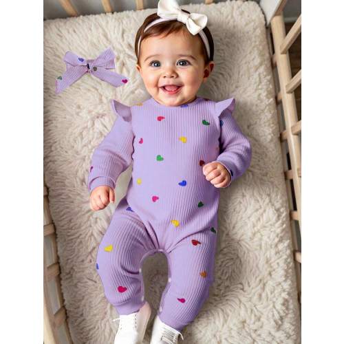 SHEIN Valentine's Day Newborn Baby Heart Print Romper, Cozy Knitted Casual Jumpsuit With Headband Included Fall Winter | SHEIN USA