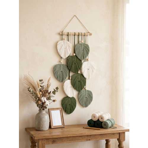 Sage Green Macrame Leaf Wall Hanging Boho Woven Tapestry Monstera Leaf Wall Art Modern Neutral Nursery Decor Handwoven Bedroom Accent Gift