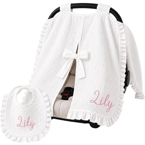 Baby Car Seat Cover, Custom Name Cotton Muslin Canopy for Baby
