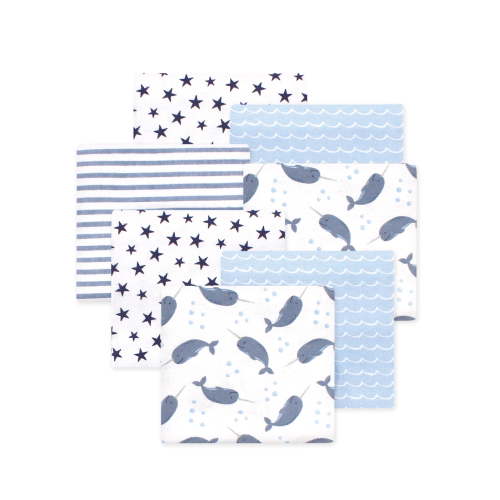 Little Treasure Hudson Baby Cotton Poly Flannel Receiving Blankets Multipack, Blue Narwhal, 30x30 inches