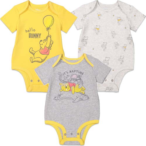 Disney Winnie the Pooh Baby Boy or Girl 3-Pack Short Sleeve Bodysuits Yellow Grey