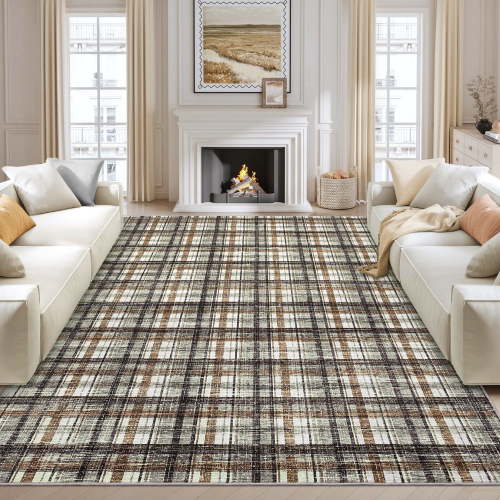 FairOnly 8'x10'Modern Geometric Plaid Non Slip Area Rug British Style Machine Washable Soft Non Shedding Rug for Living Room Bedroom,Green Coffee