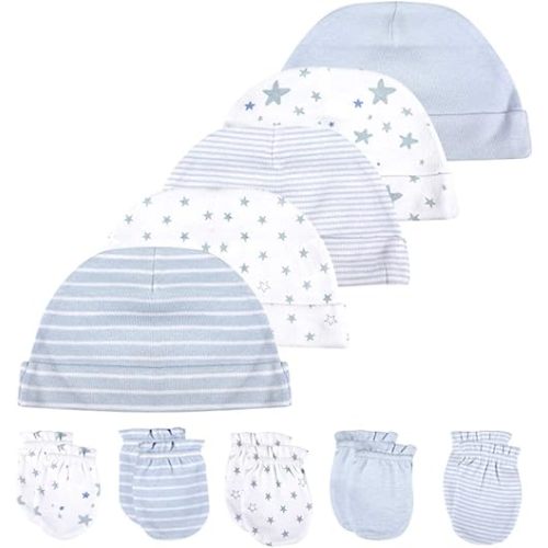 Chamie Newborn Cotton Hats Mittens Set Beanie Cap Non Scratch Gloves for Baby Boys Girls