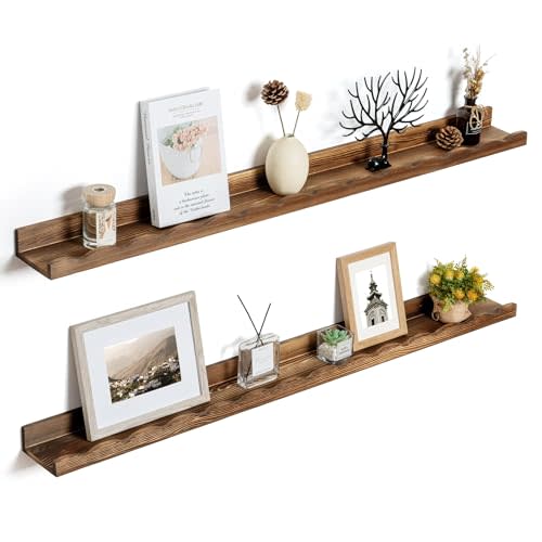 Fun Memories Picture Ledge Shelf for Wall, 48 inch Pine Wood Nursery Book Shelves Set of 2- Wall Book Shelves for Kids Room, Home Decor - Kitchen Spice-Carbonized