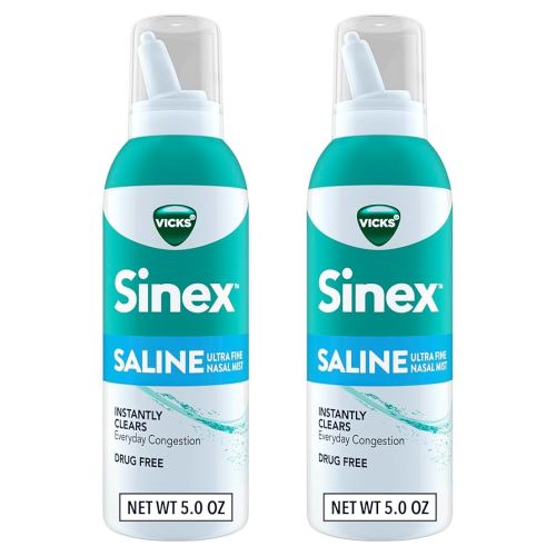 Vicks Sinex SALINE Nasal Spray, Drug Free Ultra Fine Mist, Clear Everyday Sinus Congestion Fast, Clear Mucus from a Cold or Allergy, Daily Use 5.0 fl oz x 2