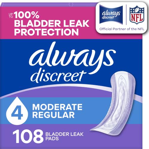 Always Discreet Adult Incontinence Pads for Women, Drier, 4 Drop Regular Length, Moderate Absorbency, Pads for Bladder Control Management, Bladder Leaks, & Postpartum Pads, 108ct