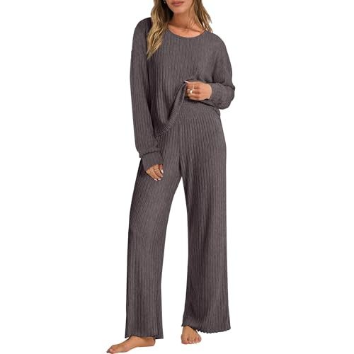 ANRABESS Women 2 Piece Lounge Pajamas Sets Casual Ribbed Knit Long Sleeve Top Pants Matching Set 2025 Fall Outfits Clothes