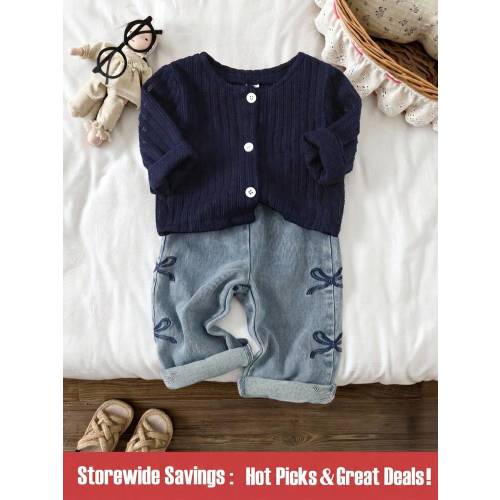 SHEIN Explorewe Baby Girl Denim Set Adorable Baby Girls Button Down Cardigan And Jeans Outfit For Everyday Wear Fall Winter | SHEIN