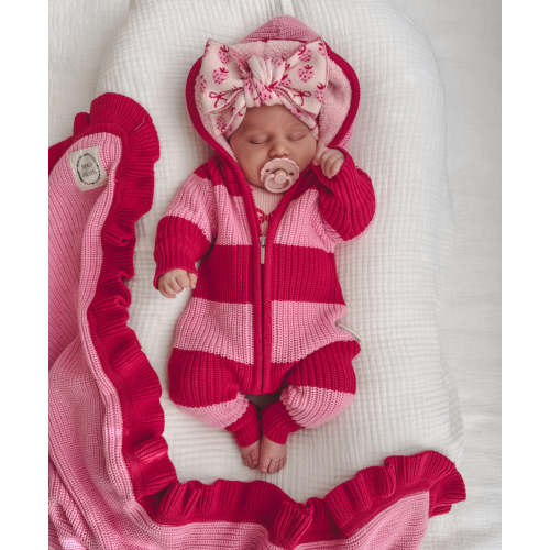 Chunky Knit Hooded Romper - Raspberry