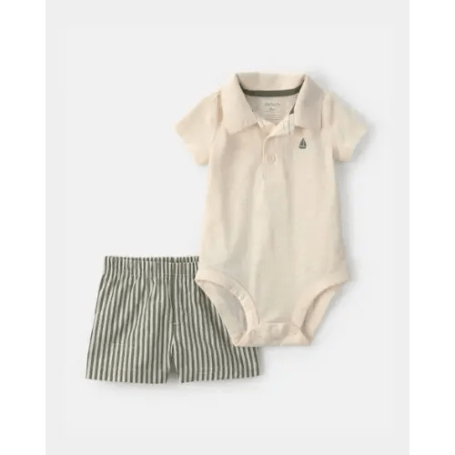 Baby Boy 2-Piece Polo Shirt & Short Set - Cream/Green | Carter's
