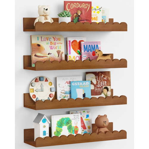 Walnut Book Shelves Wall Set of 4, Dark Scalloped Floating Bookshelf for Wall, Cloud Wooden Shelving Unit for Bedroom Room Kitchen (Walnut Brown)