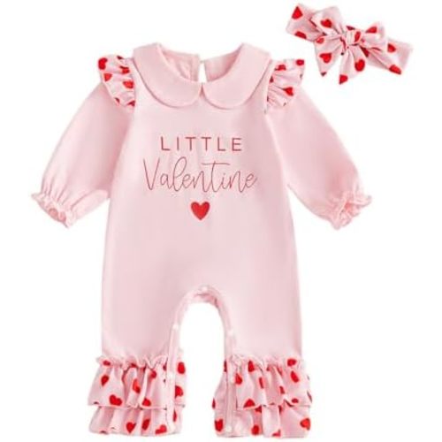Baby Girls Valentines Day Outfits Long Sleeve Heart Print Romper Bodysuit Jumpsuit with Headband Newborn Clothes