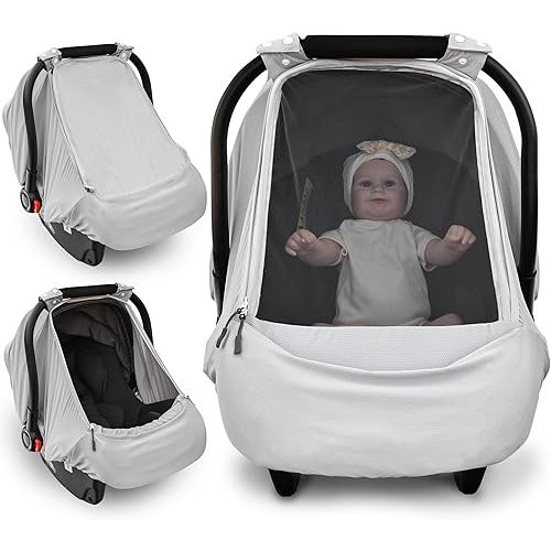 Baby Car Seat Cover,Sunproof Car Seat Canopy for Babies, Extra Large Mesh Window Baby Car Seat Sun Shade Cover,Infant Carseat Covers for Summer/Autumn Use(Gray)