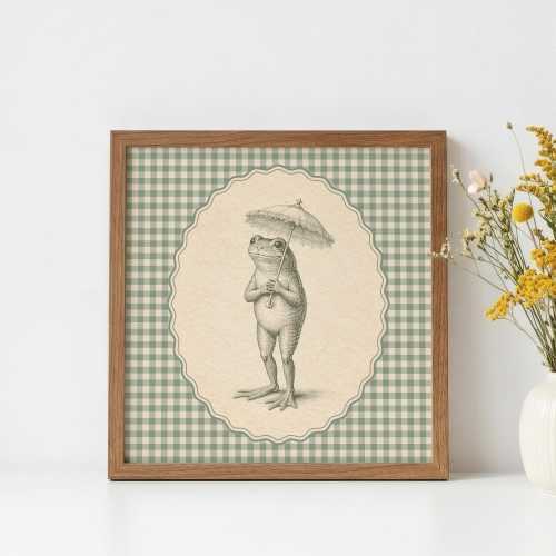 Frog with Decorative Umbrella Poster, Sage Green Gingham Wall Art, Vintage Storybook Nursery Decor