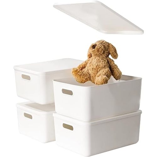 4 pack large plastic White storage bins Baskets, Toy Box Chest with Lids and Handle，Organizer Containers for Baby，Kids,snacks,Nursery，Shelves，Playroom, Bedroom，Office,Closet，home