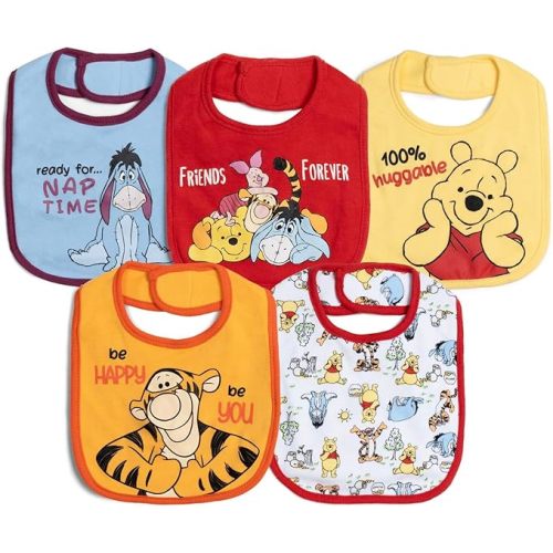Disney Winnie the Pooh Mickey Mouse Lilo & Stitch 101 Dalmatians Lion King Baby 5 Pack Bibs Newborn Sizes (OS)