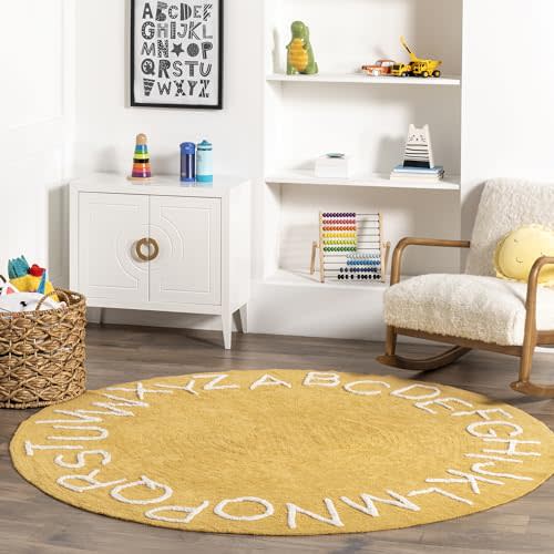 nuLOOM Kids Washable Round Alphabet Rug, 4' Round, Yellow