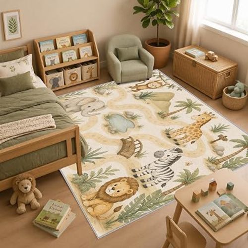 Jungle Safari Play Map Kids Area Rug, Neutral Animal Trail Nursery Rug with Elephant Lion Giraffe Zebra Monkey, Soft Washable Non Slip Low Pile Carpet for Bedroom Playroom Decor, 5x7