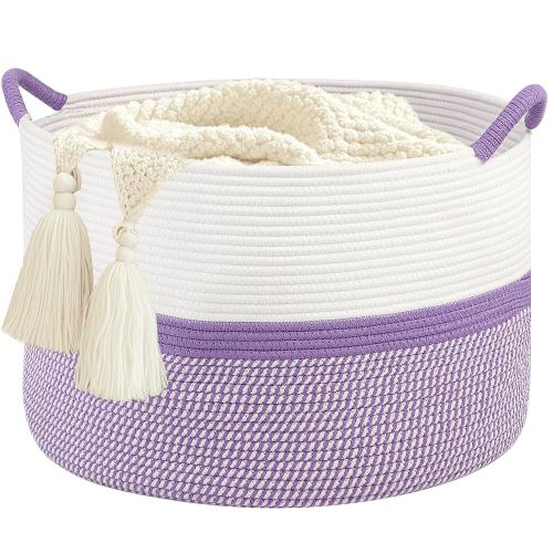 Laundry Basket,20''x13''Large Woven Cotton Rope Storage Basket,Nursery Laundry Hamper,Blanket Basket for Living Room;Kids hamper,Multi-Purpose Organizer for Laundry,Toys(White and Purple)