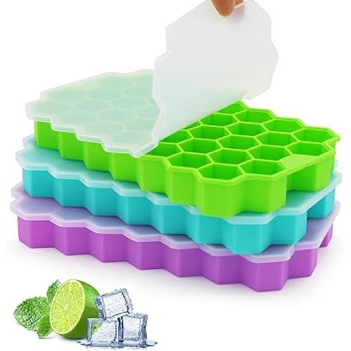 Azyh Ice Cube Trays for Freezer, 3 Pack Ice Cube Tray with Lid, Silicone Ice Cube Mold with Lid-37 Grid,Easy-Release Reusable 111 PCS Small Ice Cube for Iced Coffee Cocktail Whisky Chocolate Soup Food