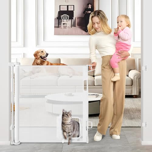Retractable Baby Gate with Cat Door 55" Wide Retractable Baby Gate for Stairs Mesh Baby Gate with Pet Door Retractable Dog Gate for The House Retractable Pet Gate with Door Safety Gates for Toddlers
