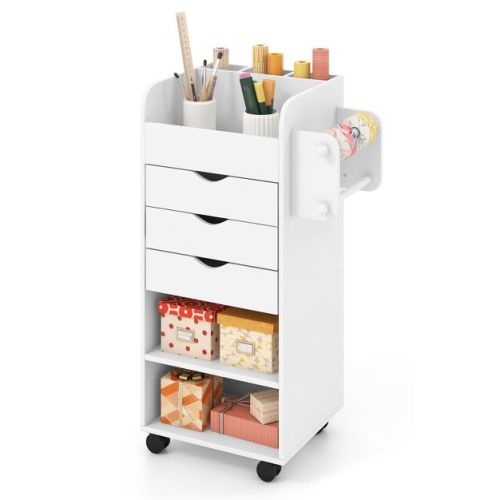 Costway Craft Storage Cart Mobile Drawer Utility Cart w/Drawers Shelves White