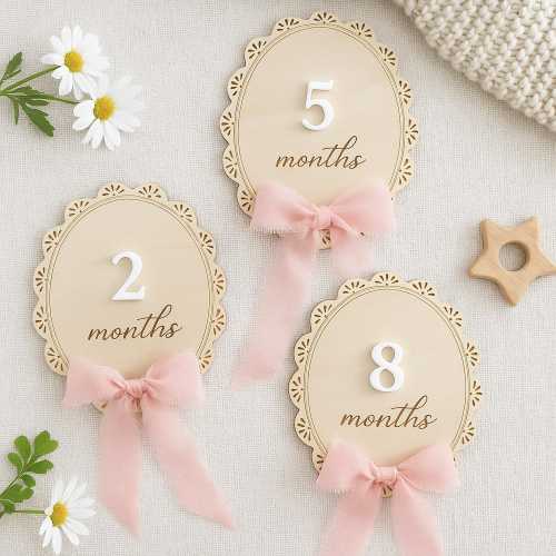 Wooden Lace Ribbon Bow Interchangeable Milestone Marker, Personalized Name Disc, Baby Monthly Milestone, Nursery Decor, Baby Shower Gift
