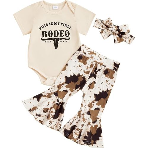 Newborn Baby Girl Western Outfits My First Rodeo Romper Cow Print Flared Pants Set Cowgirl Country Clothes