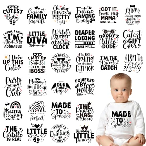 Falueqg Dtf Transfers Ready to Press - 30Pcs Baby Shower Iron on Transfer for Bibs, Baby Black Funny Quotes Iron on Decals Patches, Cute Heat Trasnefer Stickers for Baby Onesie Decorating Kit