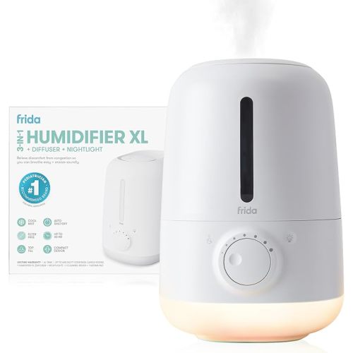 Frida Baby 3-in-1 Cool Mist Humidifier for Large Rooms, Top Fill Humidifier for Bedroom, Allergy Relief, 60 Hour Runtime + Nightlight, Auto Shut-Off, Quiet, Carry Handle, Essential Oil Diffuser