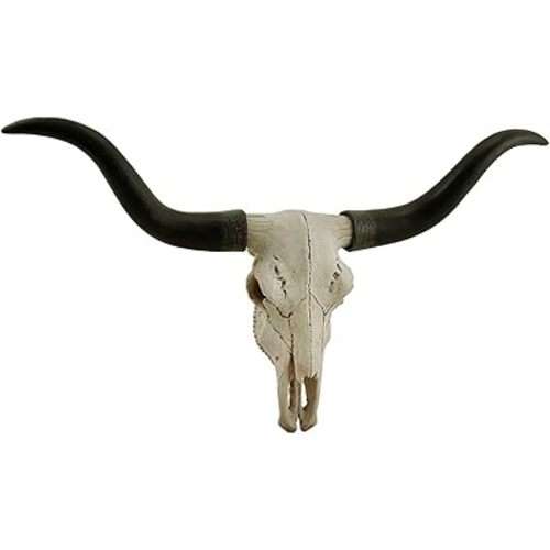 Zeckos Longhorn Skull Wall Sculpture, 20 Inch Black Horns, Faux Bone