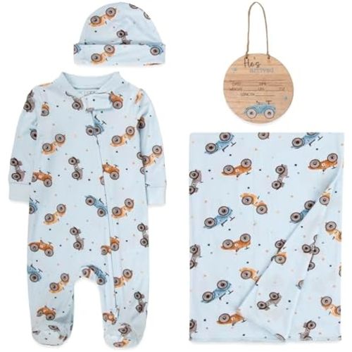 Coming home NEWBORN Baby 4 Piece Coming Home Outfit Gift Set – Footie Sleeper, Blanket, Headband & Ornament for Boys & Girls