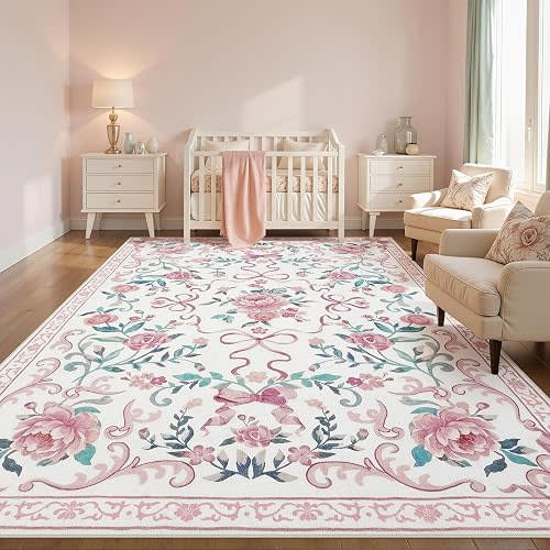 Joydeco 8x10 Washable Large Pink Floral Girls Bedroom Nursery Area Rugs