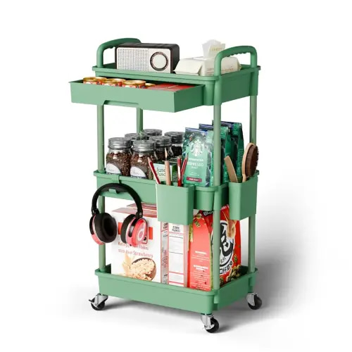 3 Tier Rolling Cart Organizer,Laundry Room Bathroom Organizers and Storage Office Shelves Mobile Shelving Unit Kitchen Trolley Cart with Wheels for Art,Craft,Diaper,Bedside,Snack(Green)