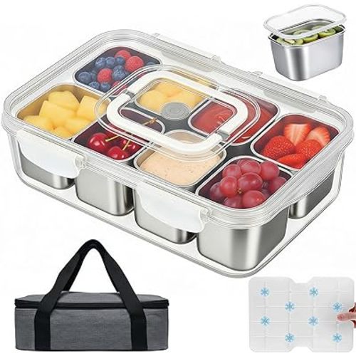 Snackle Box Container with Ice Pack, 304 Stainless Steel Divided Serving Tray, Snacklebox with Insulated Bag, 8 Compartment Platter Box with Lid and Handle for Beach, Road Trip, Boat Days, Pool Party