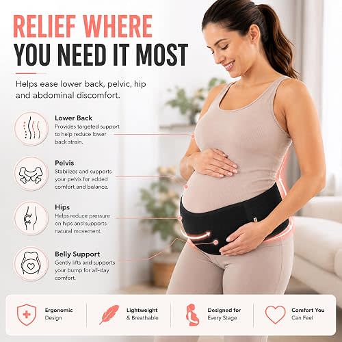 AZMED Maternity Belt Back Support - Adjustable Abdominal Binder for Pregnancy - Belly Band for Pelvic, Waist & Lower Back Comfort - Fits Up to 46 Inches - Black