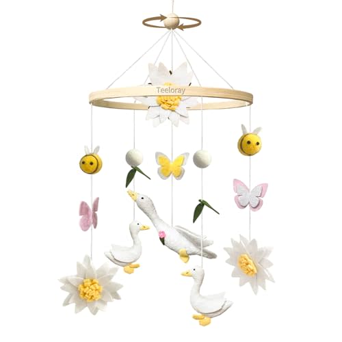 Teeloray Baby Mobile for Crib Goose Nursery Decor Handmade Felt Crib Mobile for Bassinet One Silly Goose Birthday Decorations Flowers Butterflies Bees Room Hanging Decor Baby Shower Newborn Gifts