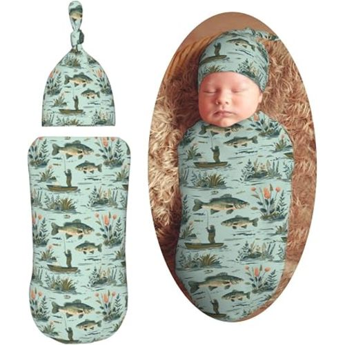 Fisher and Bass Fishes Newborn Swaddle Blankets Hat Sets Soft Baby Receiving Blanket Swaddle Sack for Baby Shower Infant Boy Girl Gift