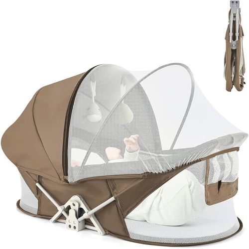 Portable Baby Bassinet Travel Baby Bed, Baby Cribs Travel Pod for Outdoors Baby Lounger Infant Travel Bed with Mosquito Net and Sunshade Canopy, Lightweight Washable