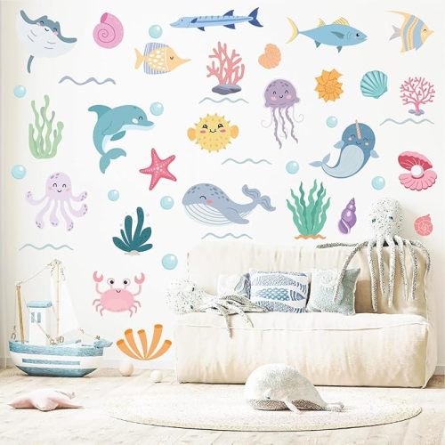 AOWDIAO 58 Pcs Ocean Animals Wall Decals - Peel and Stick Under the Sea Kids’ Room & Nursery Decor