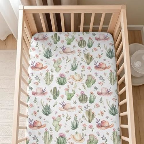 Western Cactus Flower Pattern Baby Crib Sheet,Unisex Cowboys Floral Print Standard Fit Crib,Nursery Fitted Crib Bed Sheets Boys Girls Breathable Toddler Mattress 52" x 28"