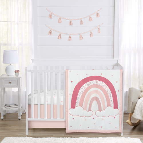 Sweet Jojo Designs Boho Rainbow and Hearts Pink Ivory Crib Bedding Set 3 Piece Set
